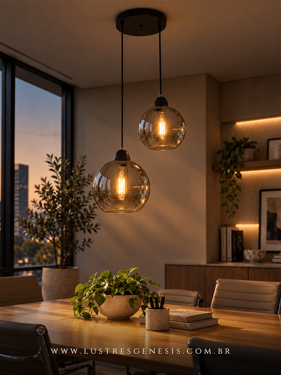 Lustre pendente Sarvah com 3 globos de vidro, instalado em sala de estar próxima à escada, destacando design moderno e sofisticado.